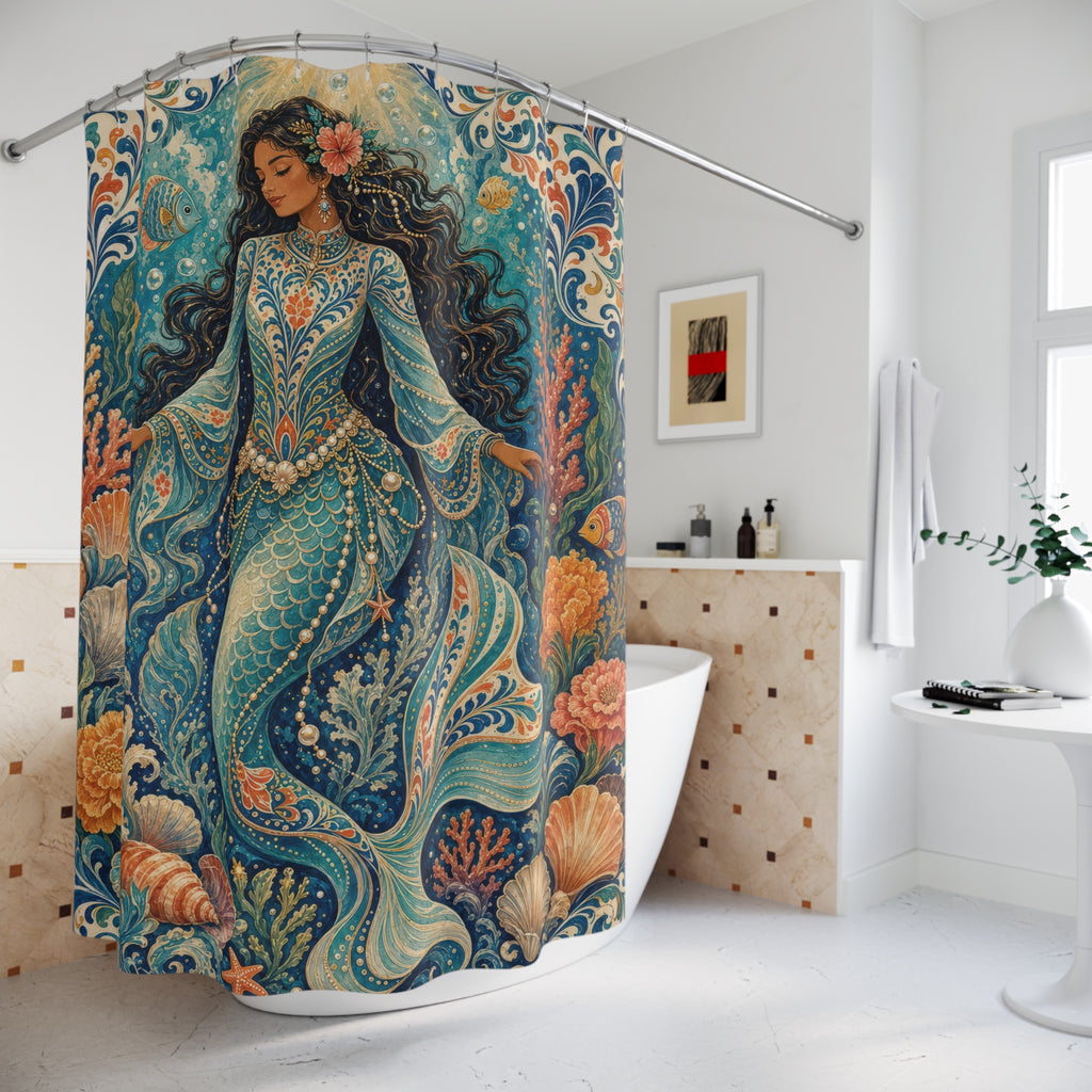 Dark Curly Hair Ocean Shower Curtain
