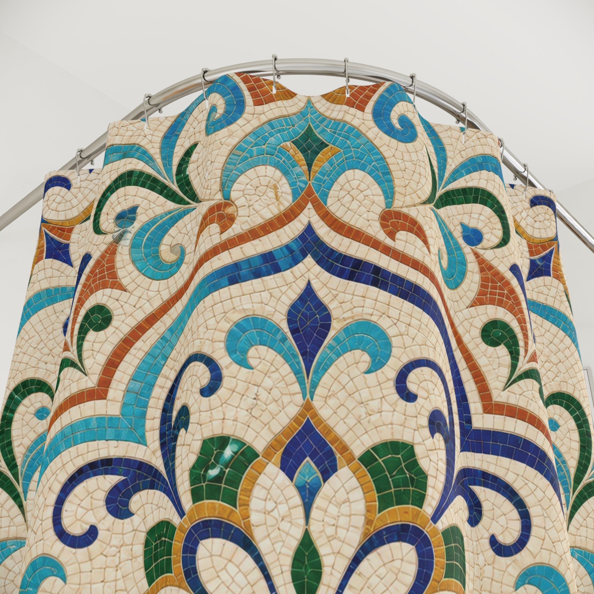 Mosaic Shower Curtain: Blue Green Yellow Tile Pattern