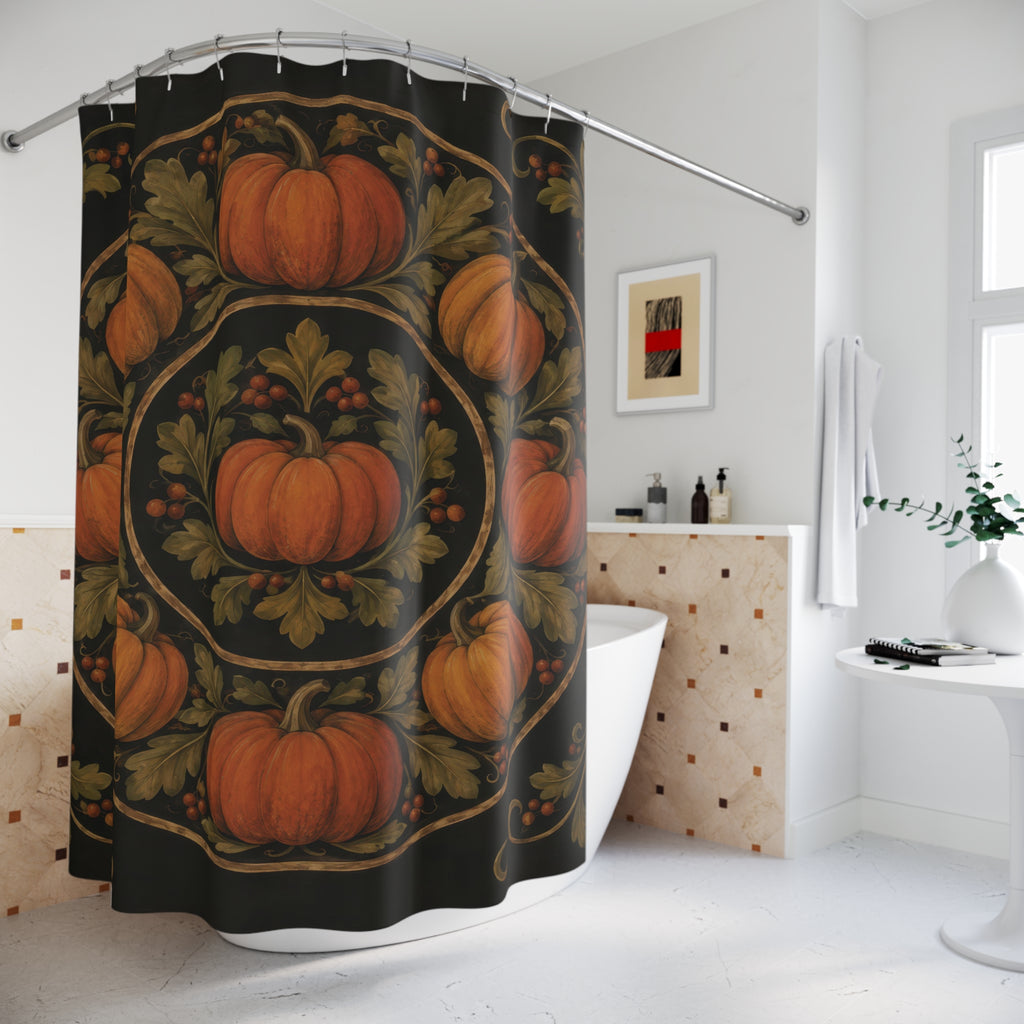 Orange pumpkins and olive leaves in an ochre medallion on black shower curtain beside a freestanding tub