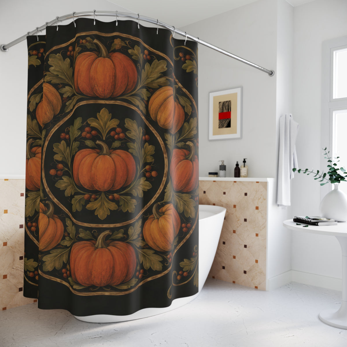 Orange pumpkins and olive leaves in an ochre medallion on black shower curtain beside a freestanding tub