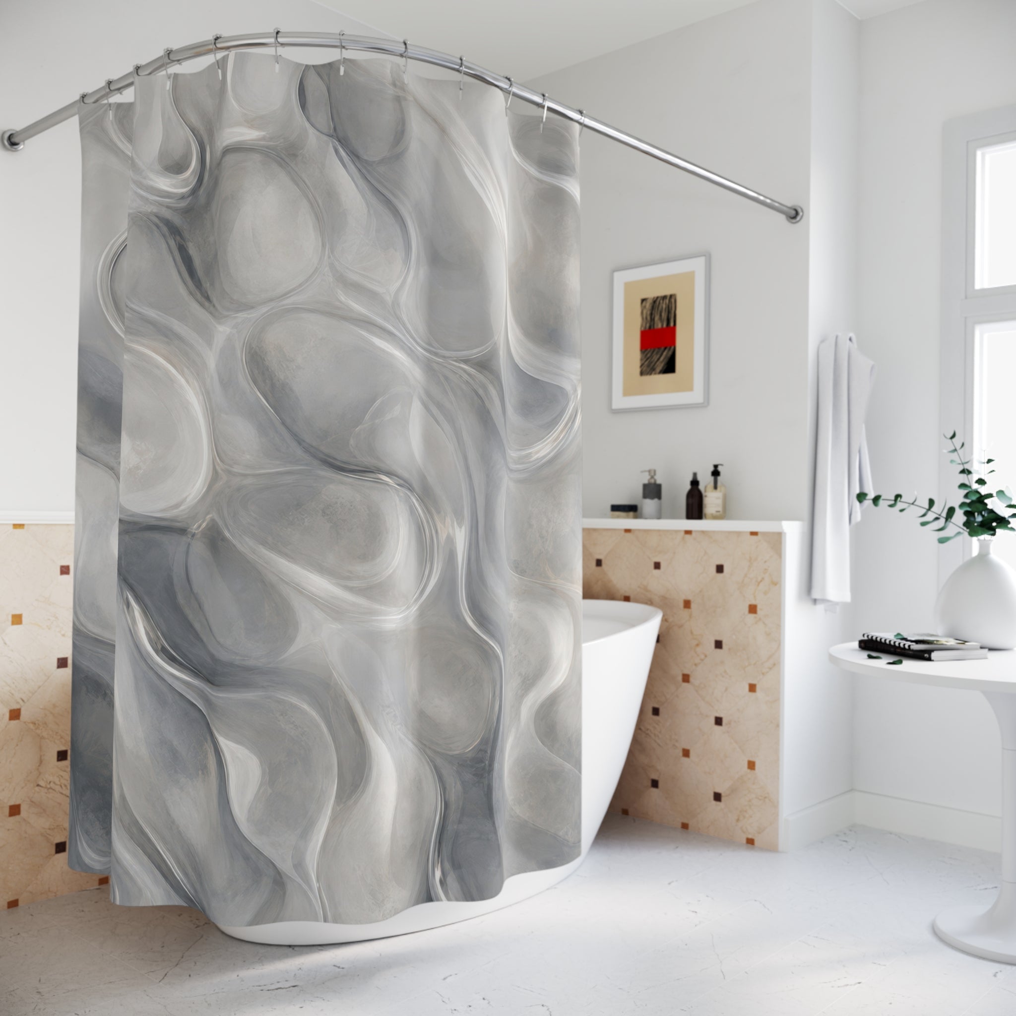 Abstract Shower Curtain, Gray Modern Bath Decor, Liquid Marble Pattern, Soft Spa Guest Bathroom Decor, Modern Neutral Marble Style