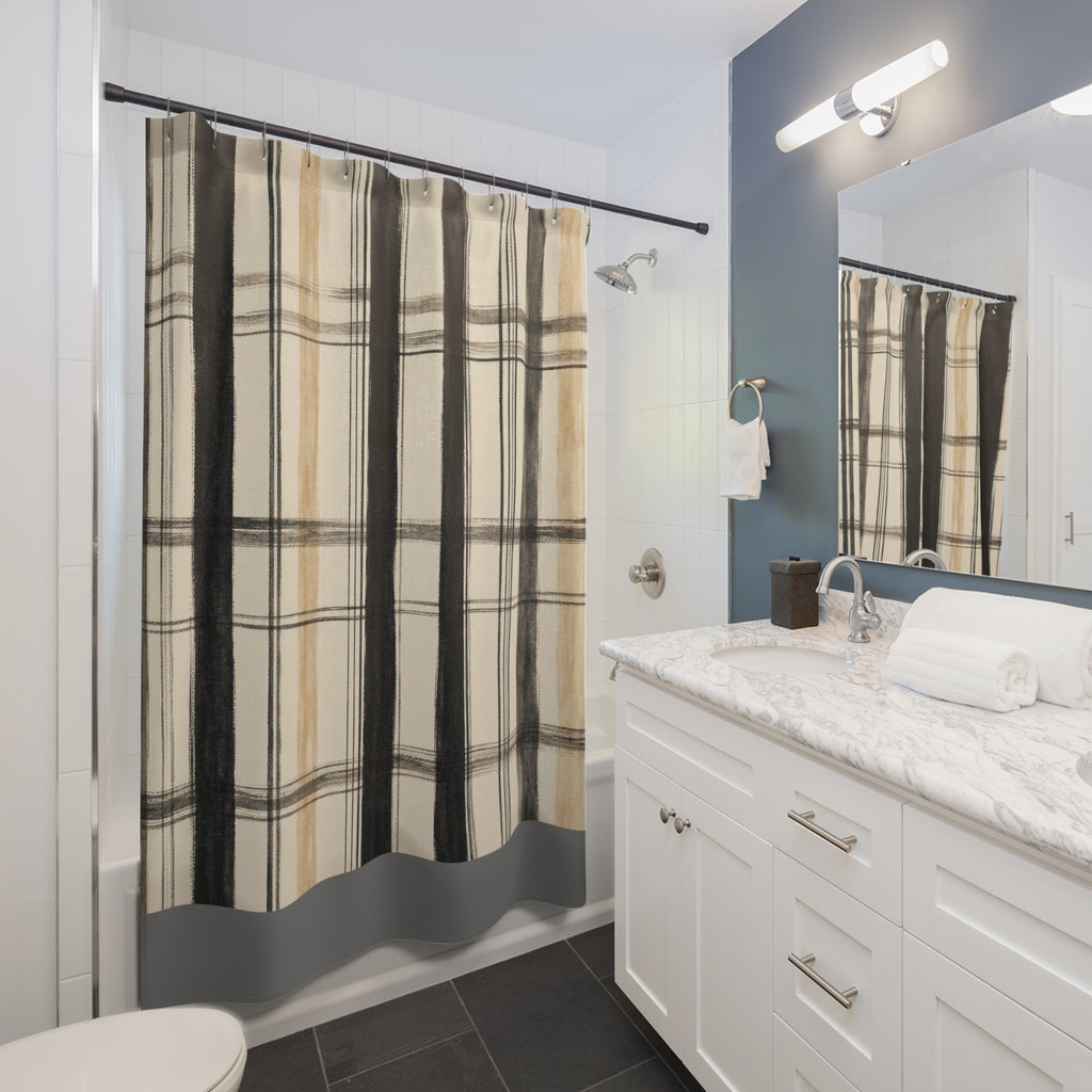 Beige Tan Windowpane Check Shower Curtain