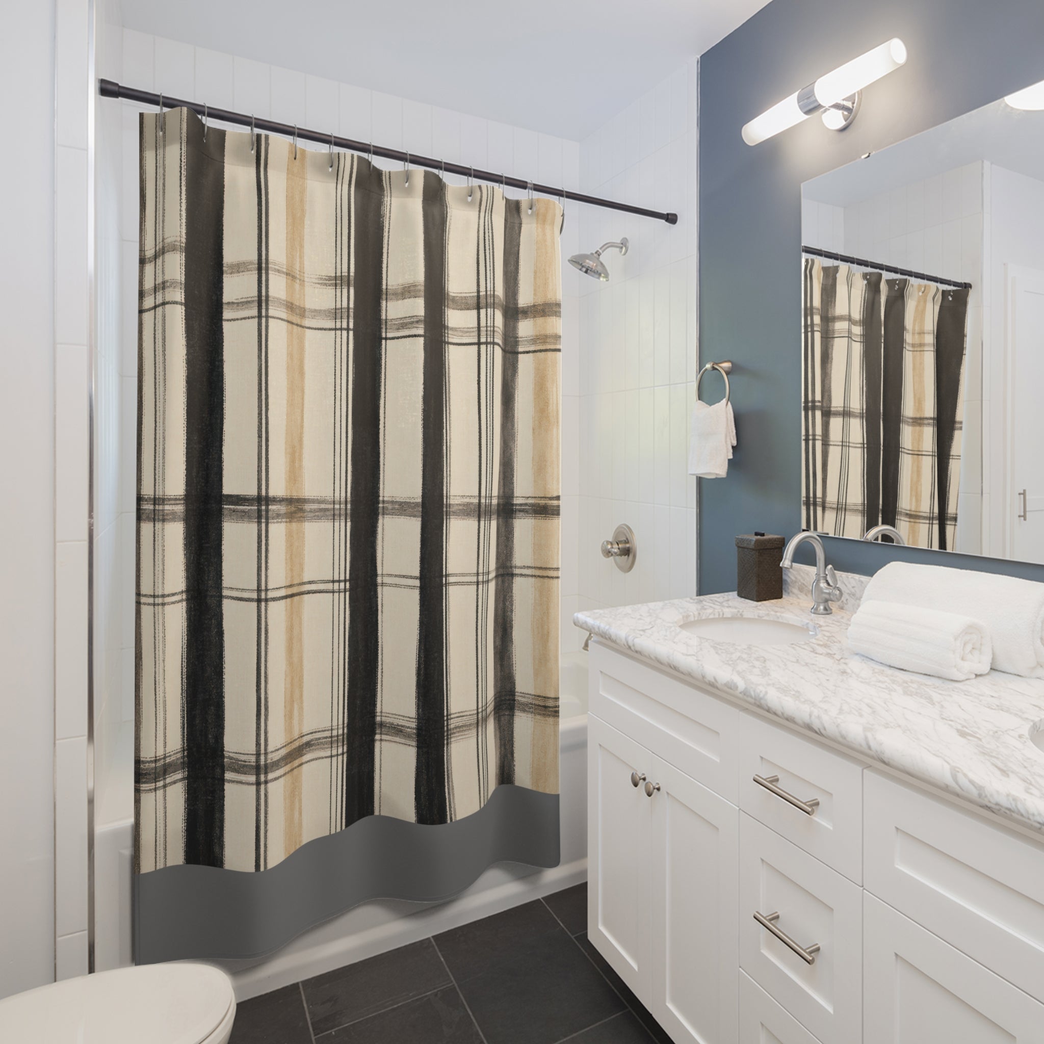 Beige Tan Windowpane Check Shower Curtain