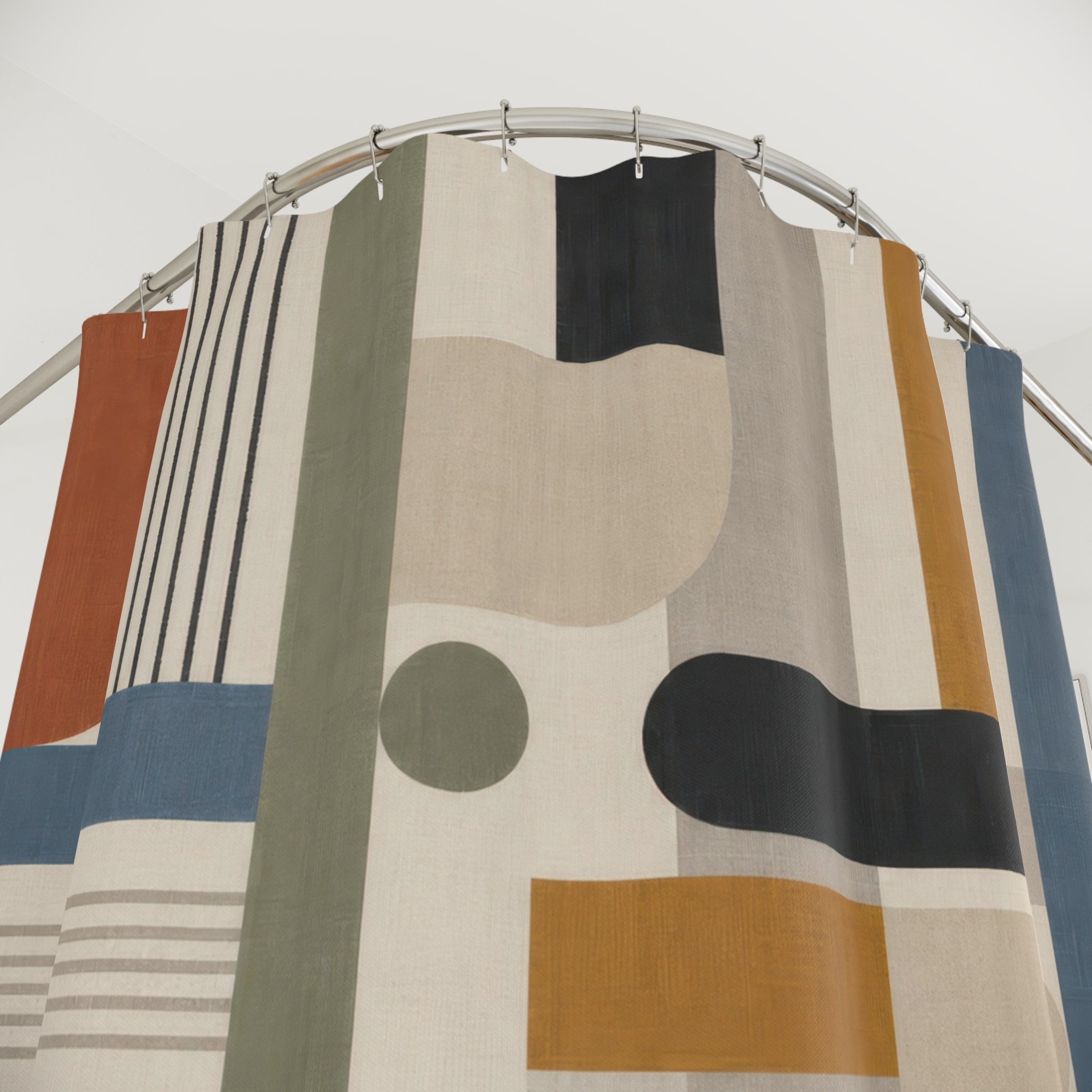 Modern Geometric Shower Curtain, Bauhaus Stripe Blocks, Blue Green Terracotta Abstract Bathroom Decor, Mid Century Bath Style, Retro Decor