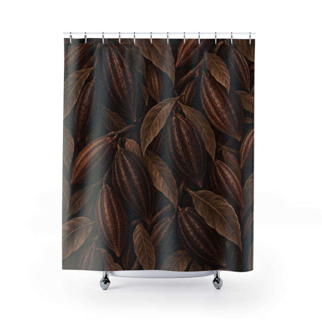 Chocolate brown cacao pods among taupe leaves shower curtain with full front view
