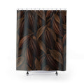 Chocolate brown cacao pods among taupe leaves shower curtain with full front view
