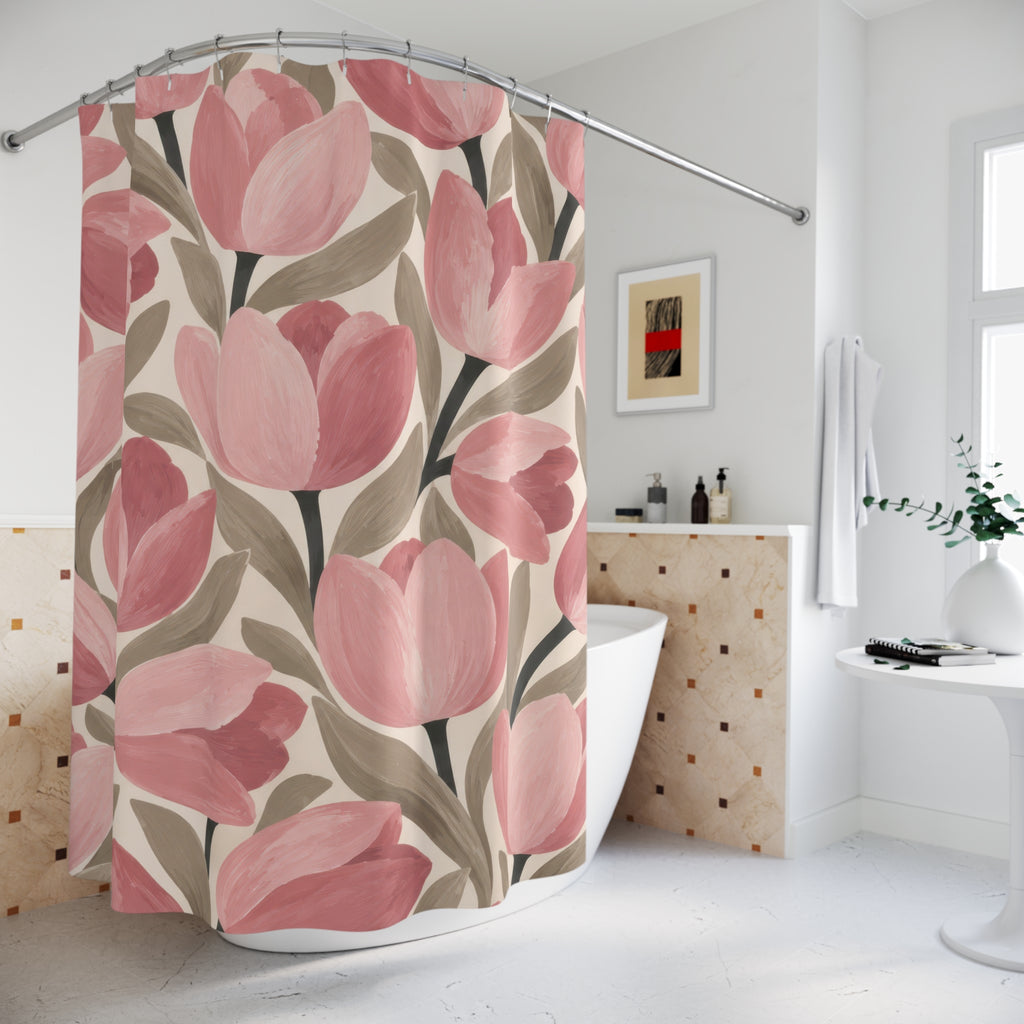 Blush tulips with taupe leaves on cream shower curtain beside a freestanding tub