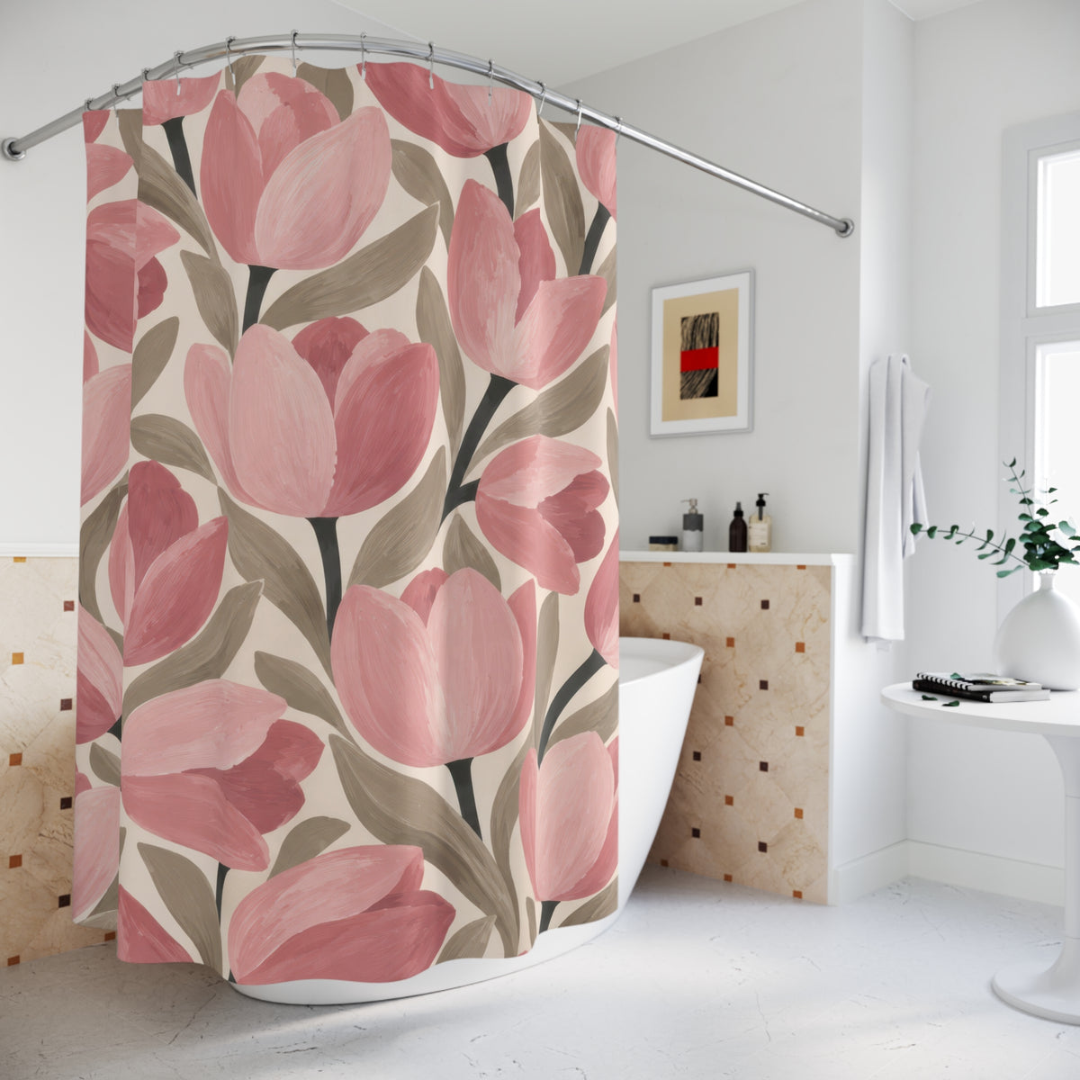 Blush tulips with taupe leaves on cream shower curtain beside a freestanding tub