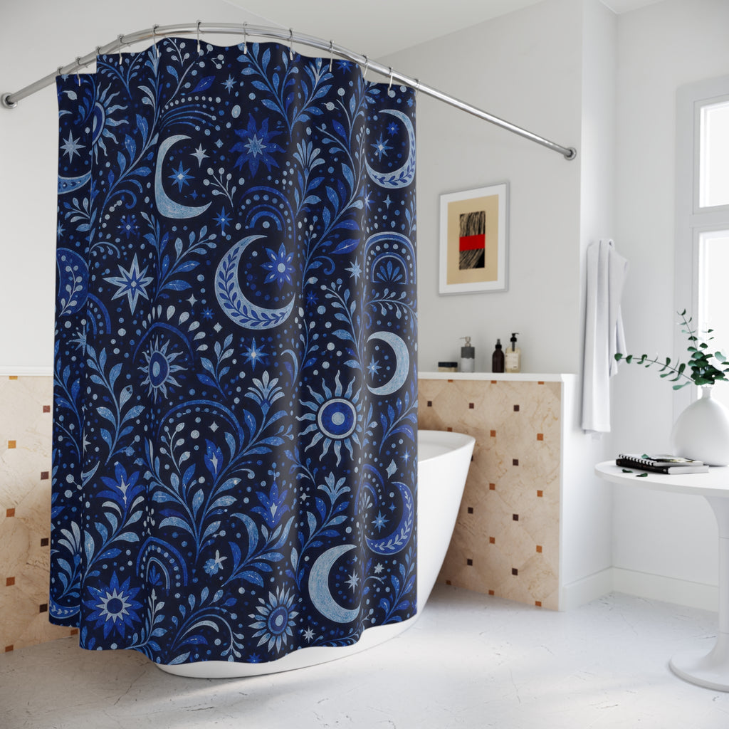 Navy Celestial Shower Curtain, Navy Blue Moon Bathroom Decor, Celestial Floral Bath Curtain, Guest Bath Decor, Small Bathroom Decor