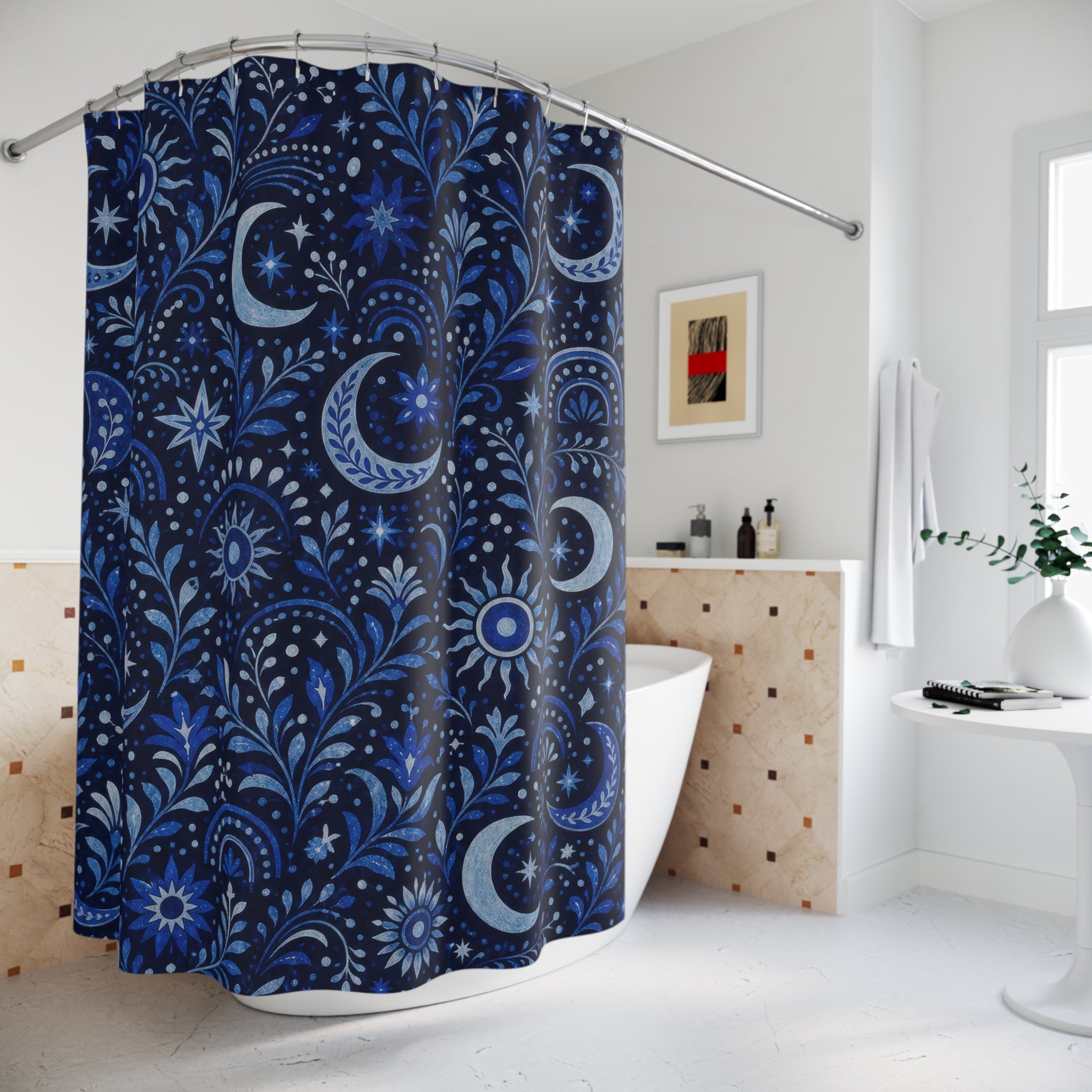 Navy Celestial Shower Curtain, Navy Blue Moon Bathroom Decor, Celestial Floral Bath Curtain, Guest Bath Decor, Small Bathroom Decor