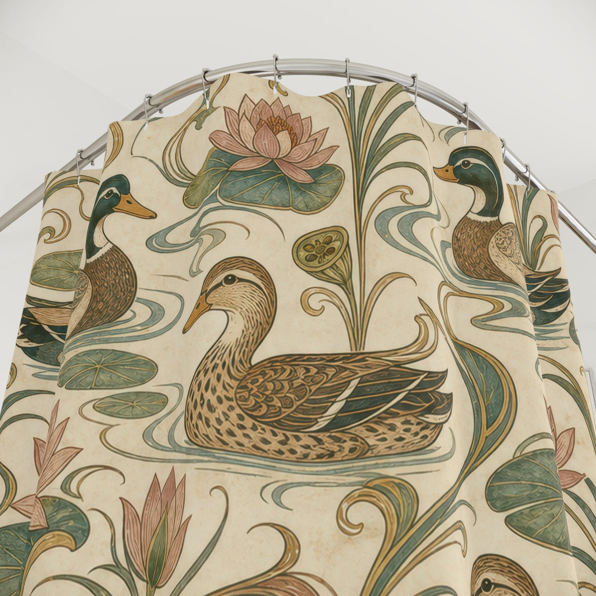Vintage Mallard Lily Pad duck shower curtain with close-up print, hooks, and folds