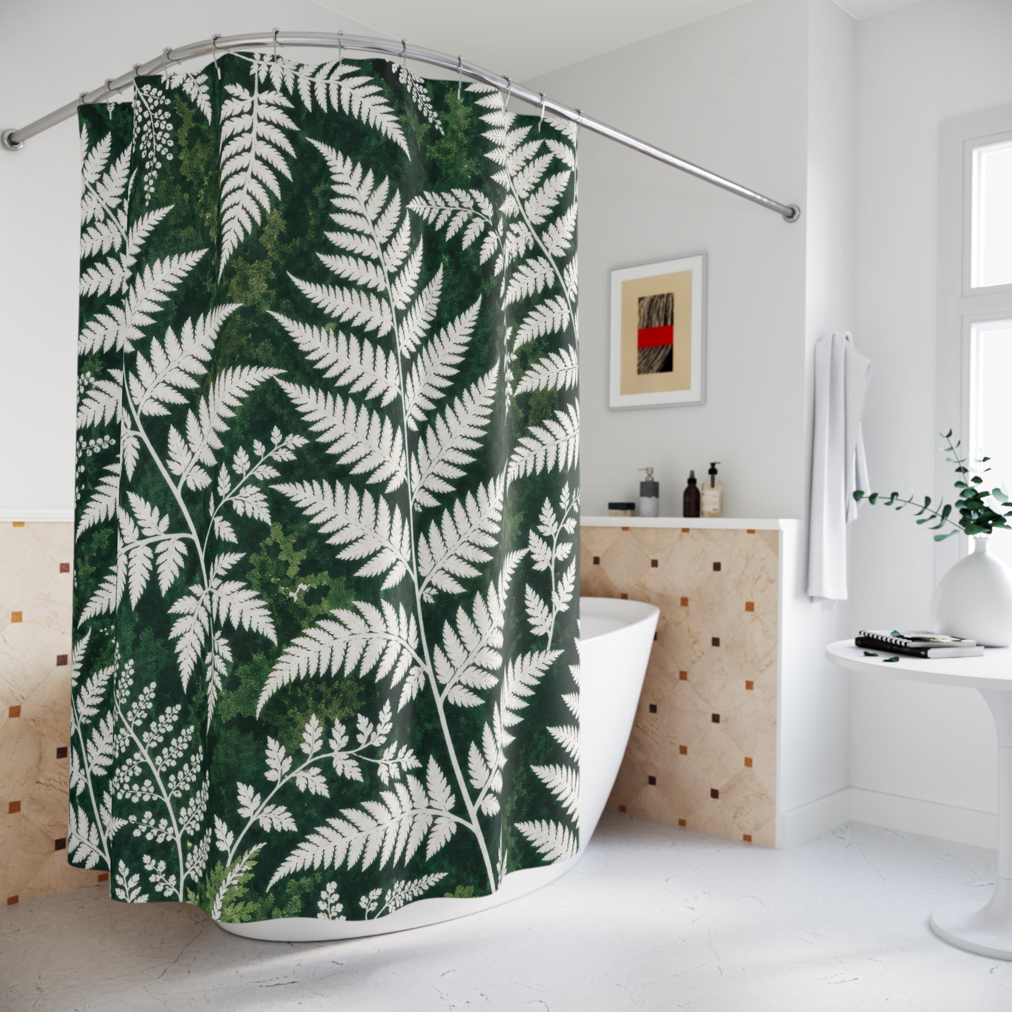 Dark Green White Botanical Leaf Shower Curtain