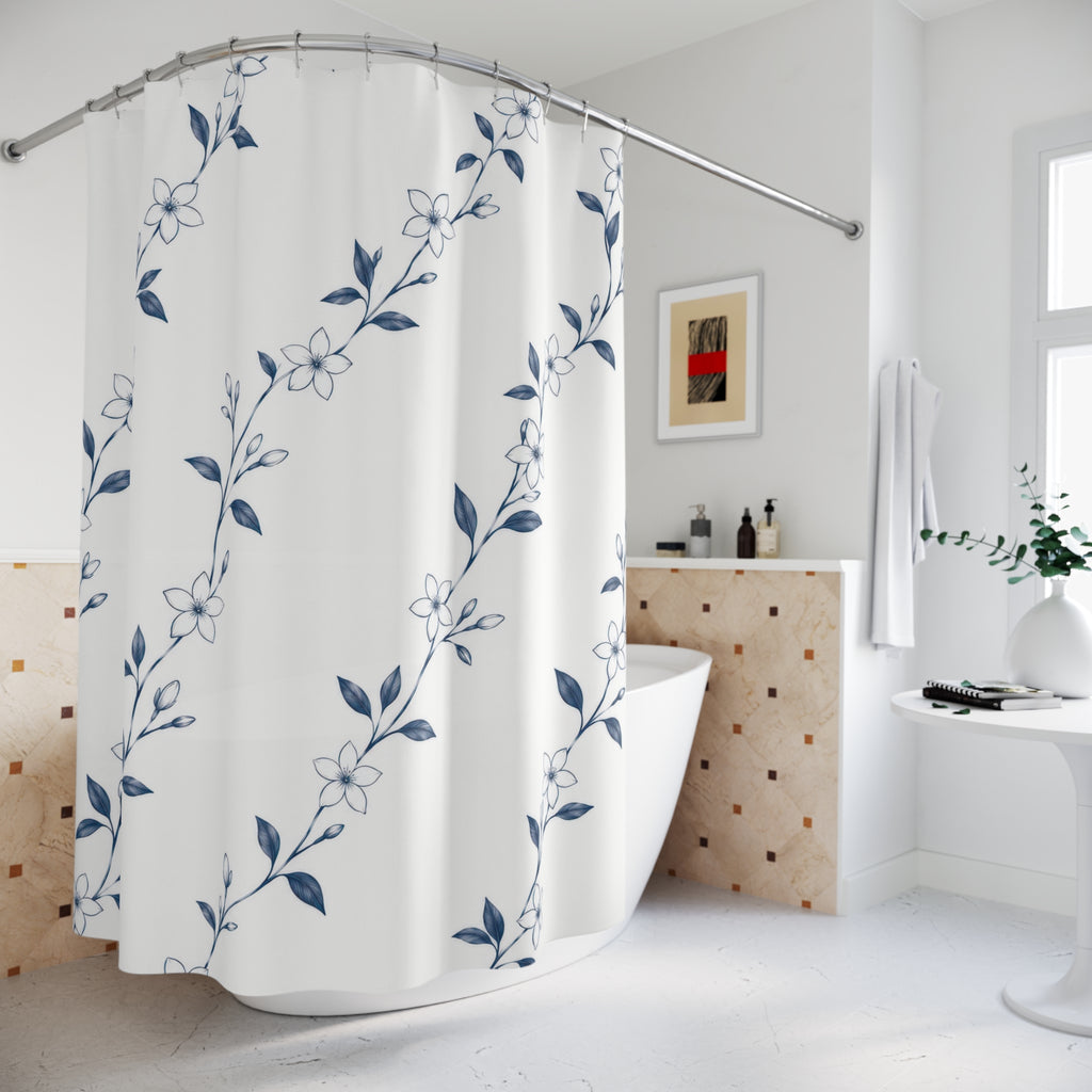 White jasmine flowers on fine navy trailing stems shower curtain beside a freestanding tub
