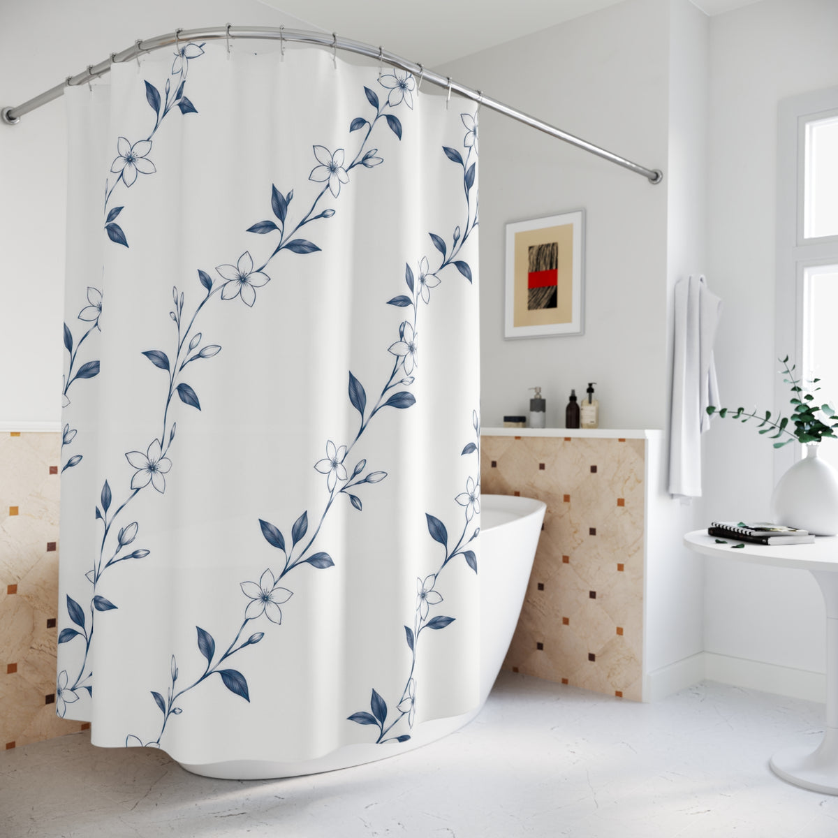 White jasmine flowers on fine navy trailing stems shower curtain beside a freestanding tub