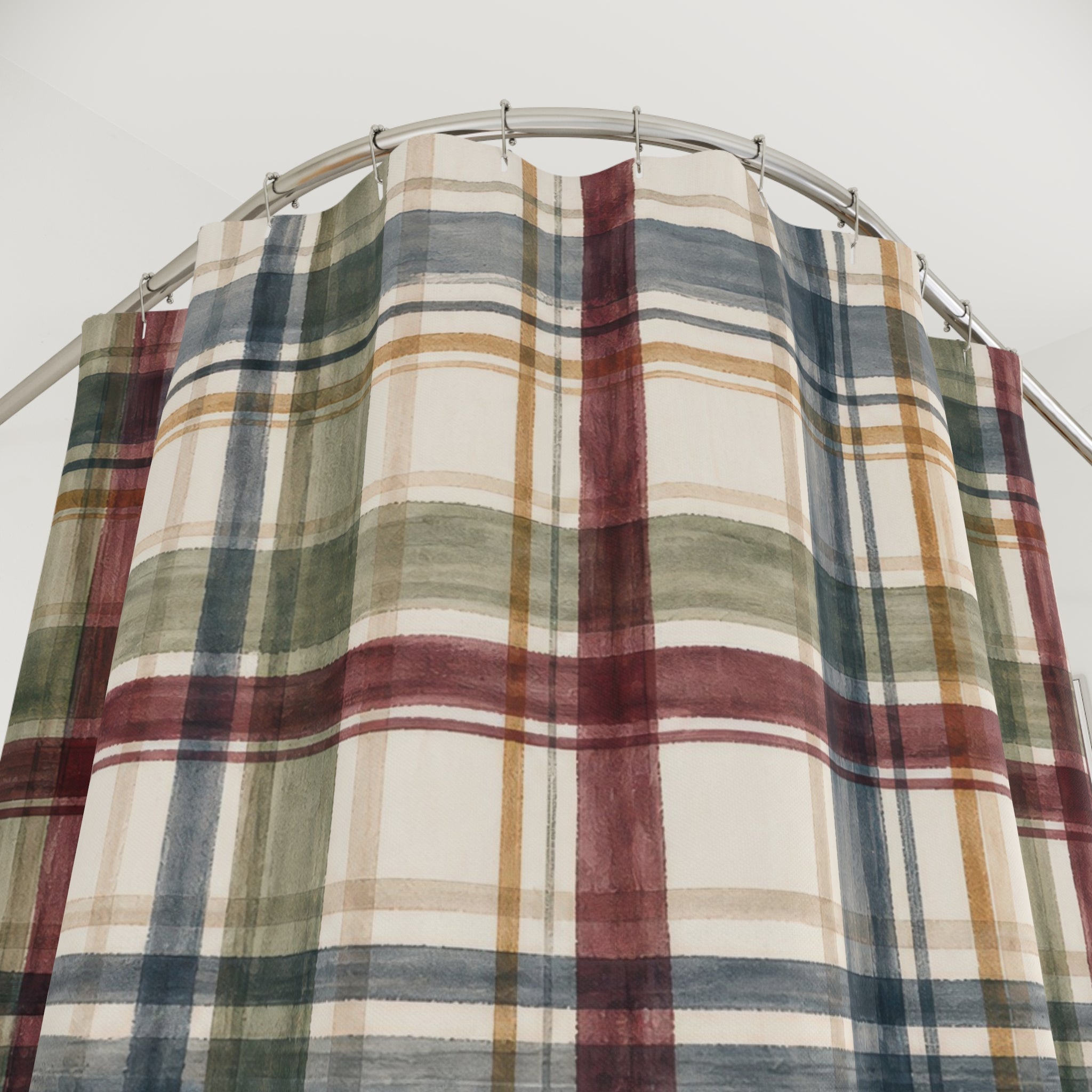 Plaid Shower Curtain, Red Navy Green Tartan Check Pattern, Classic Farmhouse Bathroom Decor, Cozy Cabin Wall Decor Guest Bath Wall Gift