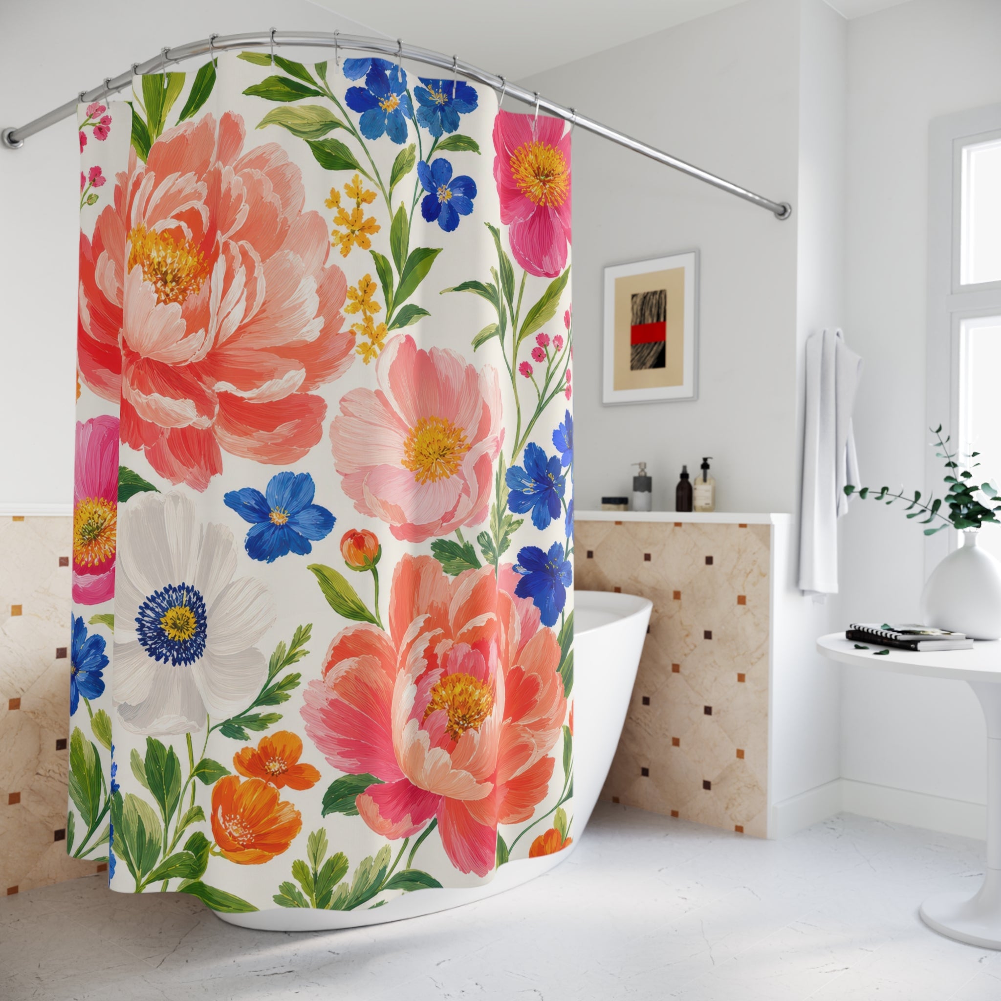 Bright Pink Blue Garden Flower Floral Shower Curtain