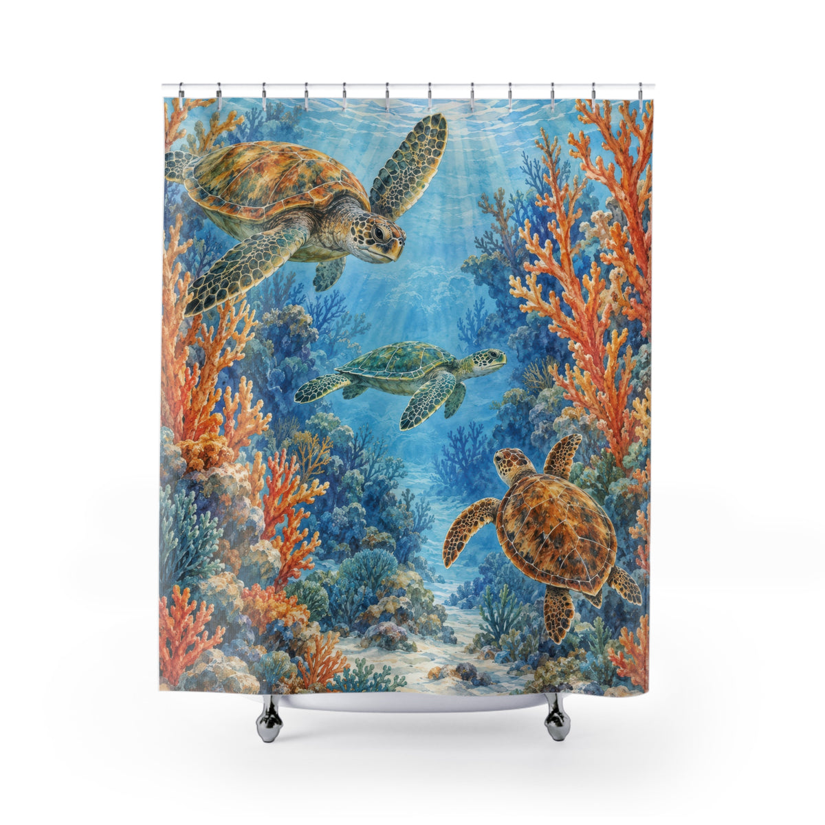 Sea turtles with orange coral and blue water shower curtain with full front view