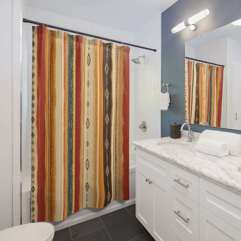 Rust Orange Teal Geometric Stripe Shower Curtain