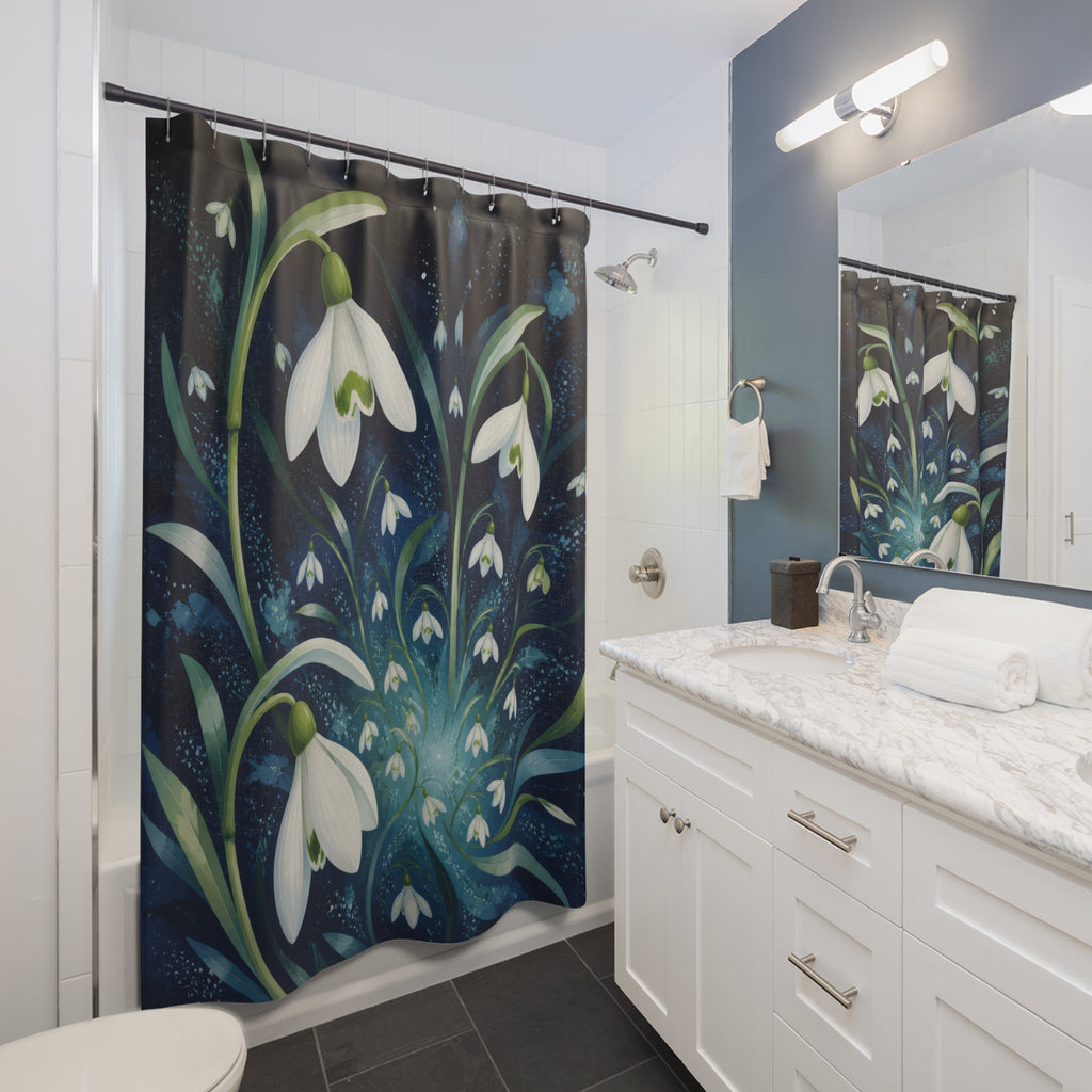 White winter snowdrops radiating over midnight blue shower curtain beside a white vanity