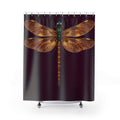 Amber-winged dragonfly on deep plum shower curtain with full front view