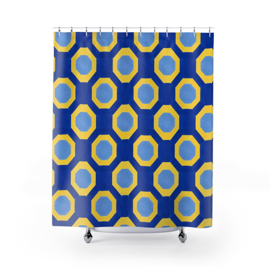 Yellow octagonal bands and pale blue centers on cobalt shower curtain with full front view