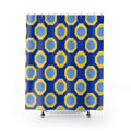 Yellow octagonal bands and pale blue centers on cobalt shower curtain with full front view