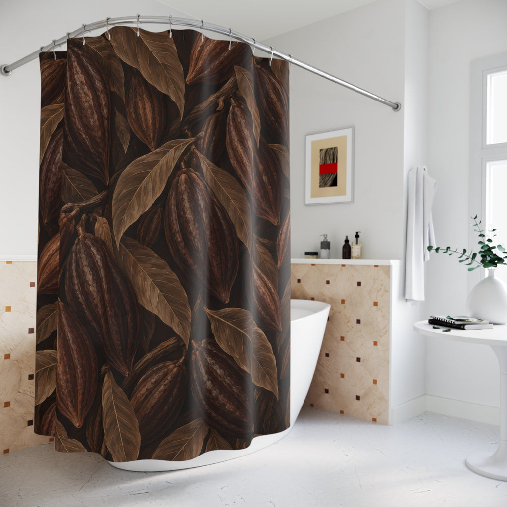 Chocolate brown cacao pods among taupe leaves shower curtain beside a freestanding tub