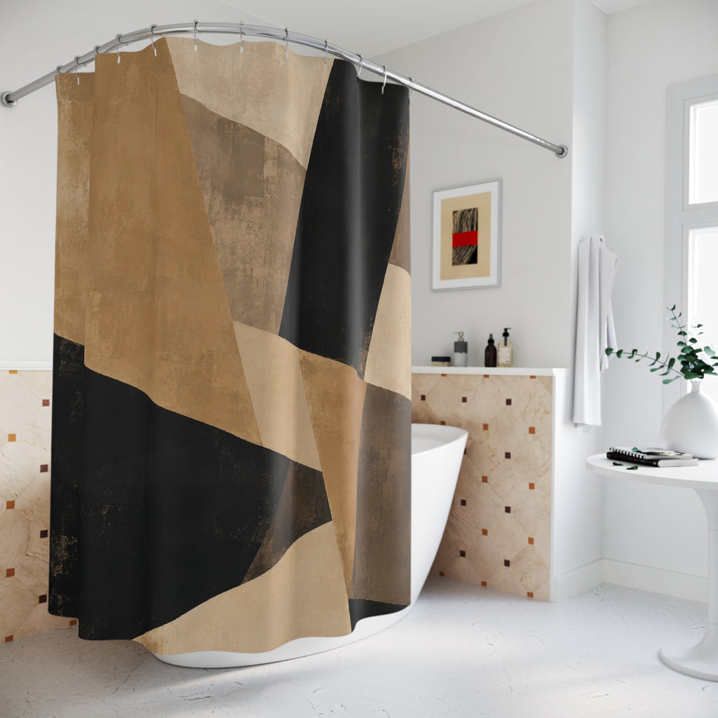 Black and tan angular abstract shower curtain beside a freestanding tub