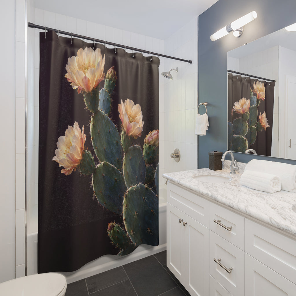 Flowering blue-green prickly pear cactus on plum shower curtain beside a white vanity