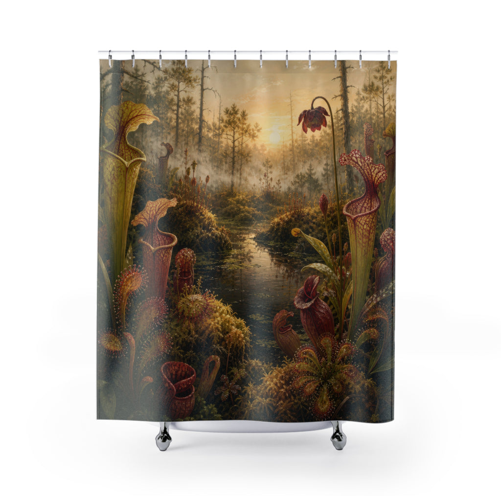 Sundews and pitcher plants growing in a luminous bog shower curtain with full front view