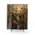 Sundews and pitcher plants growing in a luminous bog shower curtain with full front view