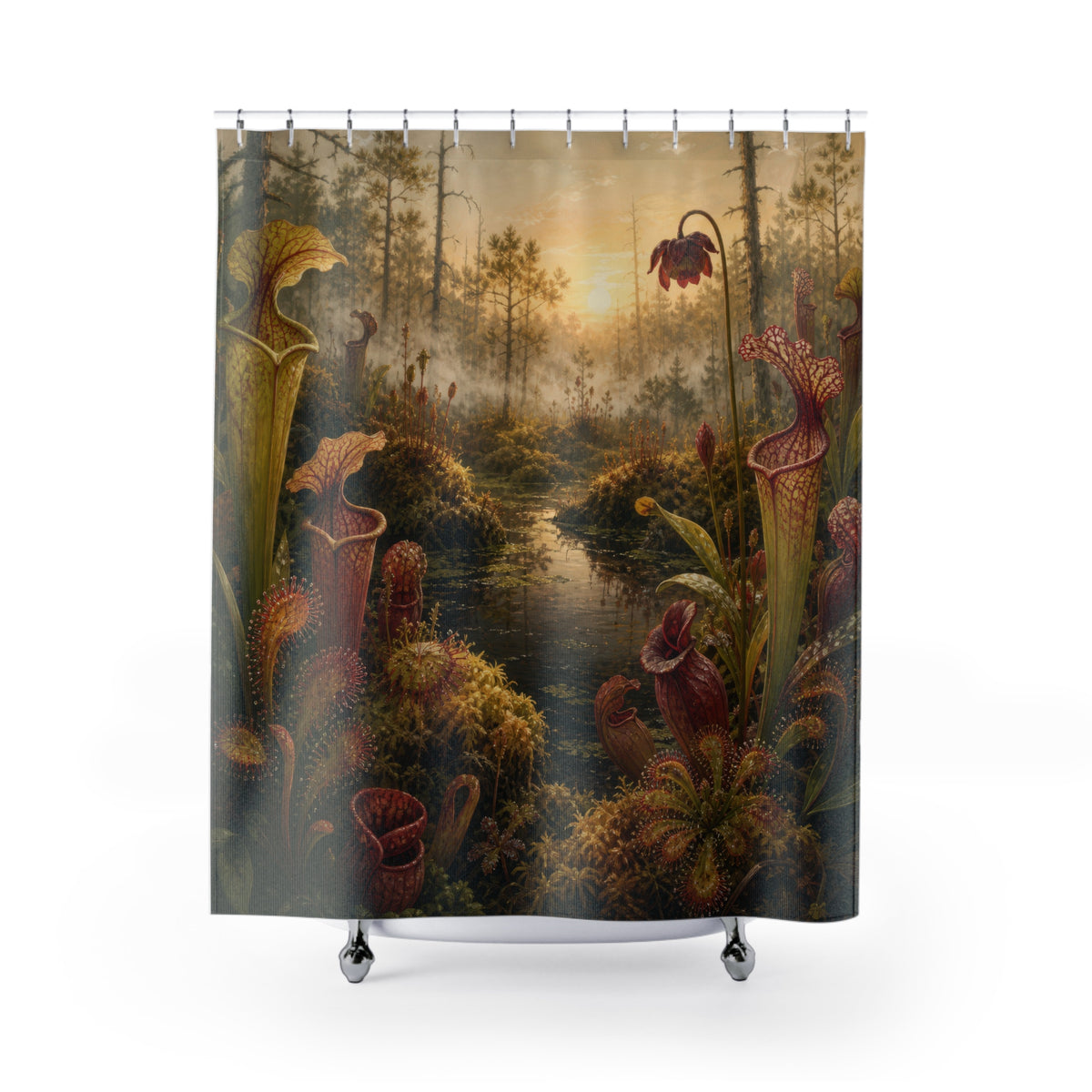 Sundews and pitcher plants growing in a luminous bog shower curtain with full front view