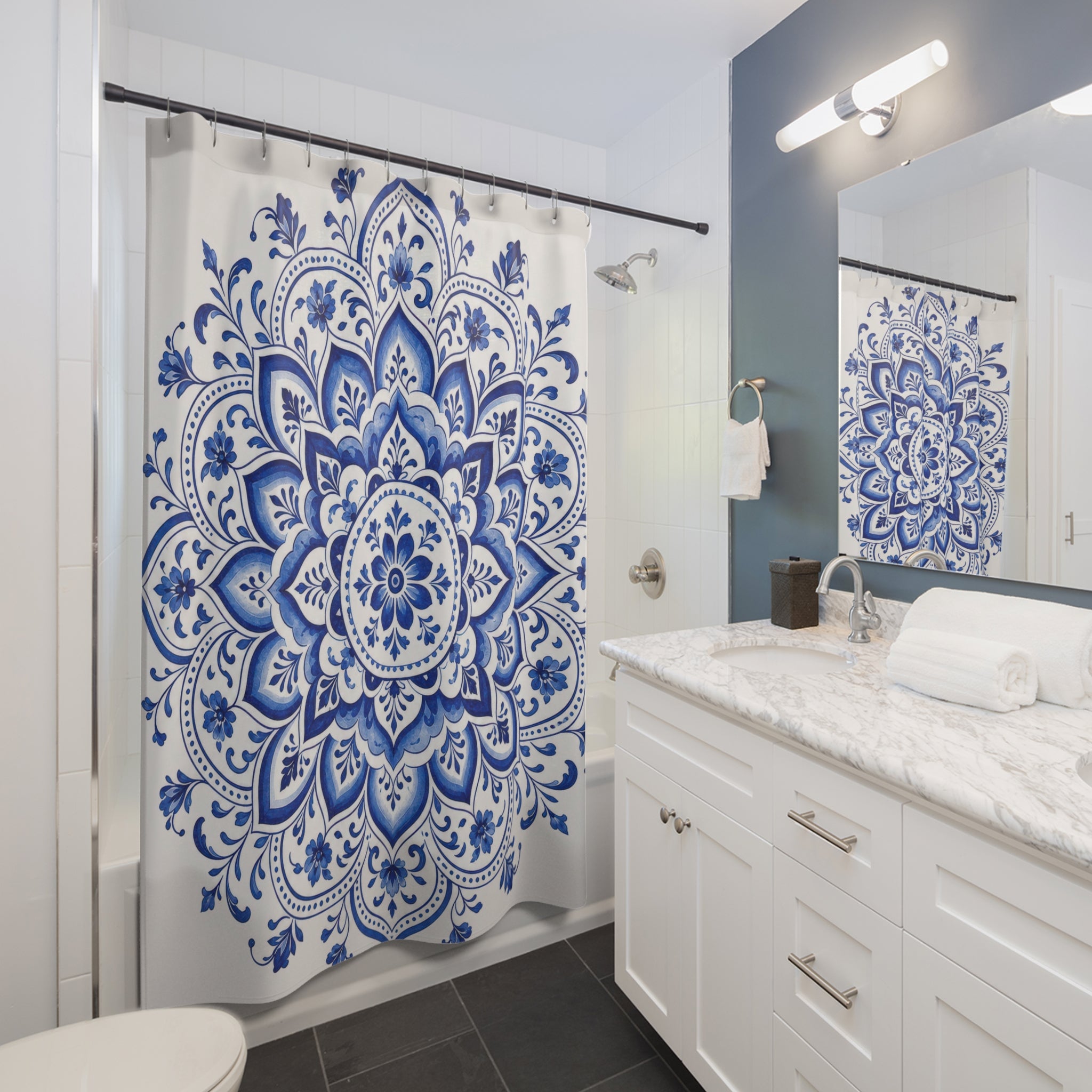 Royal Blue White Medallion Shower Curtain