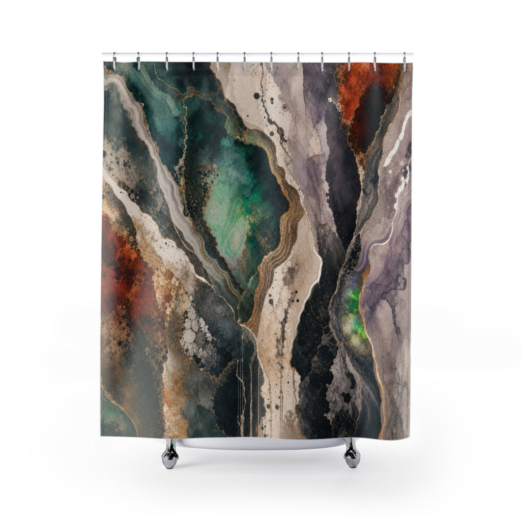 Abstract Shower Curtain, Teal Rust Marble Look, Cream Black Bathroom Decor, Organic Stone Art, Modern Earth Tone Guest Bath, Warm Decor