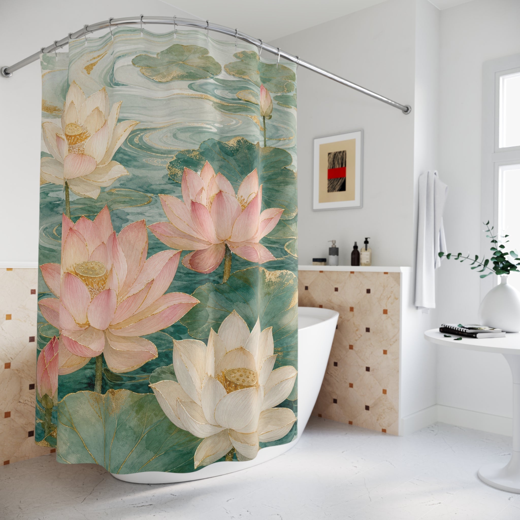 Lotus Shower Curtain: Pink Aqua Water Lily Floral