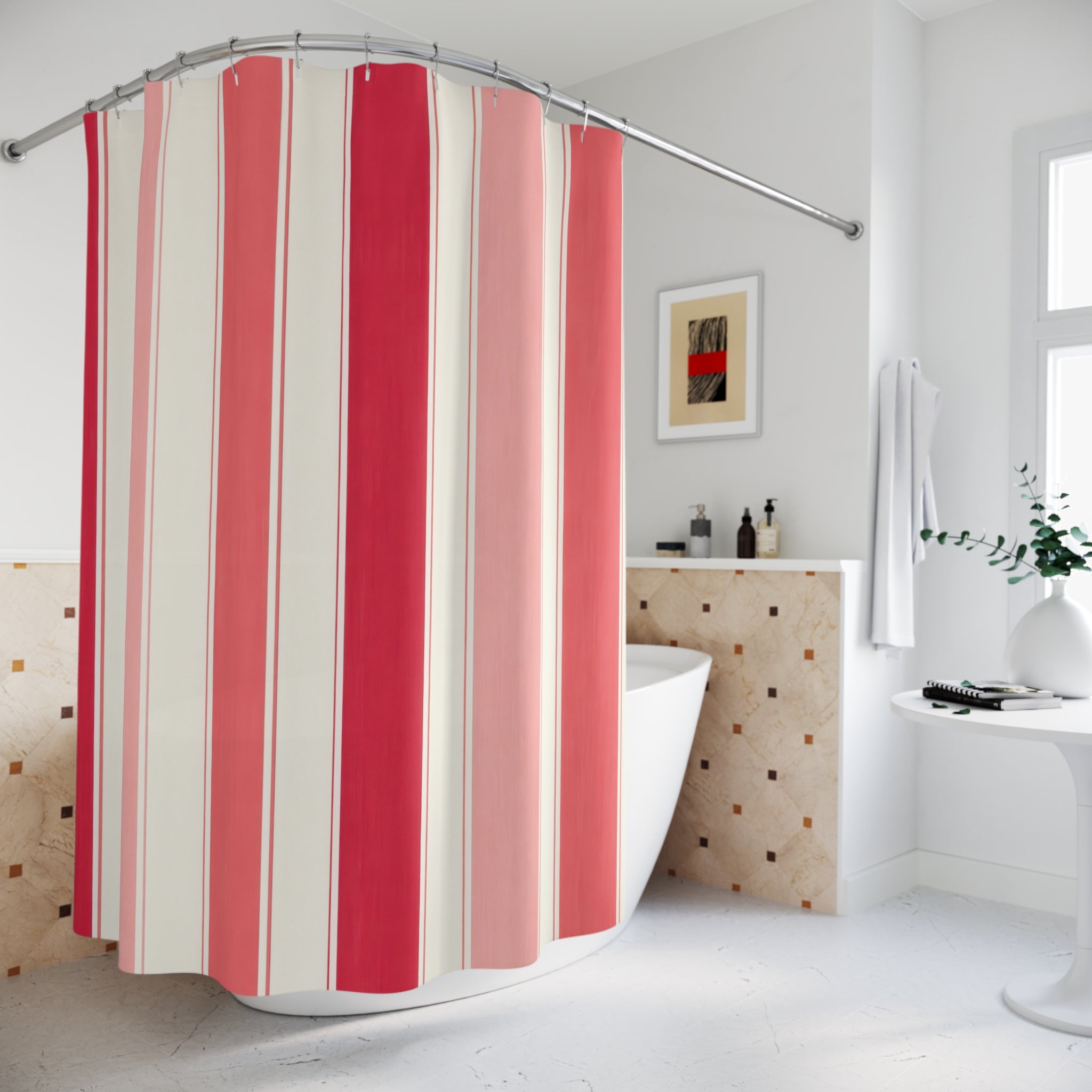 Raspberry Pink Stripe Shower Curtain, Raspberry Red Classic Bathroom Decor, Modern Stripe Bath Curtain, Guest Bath Decor, Home Decor