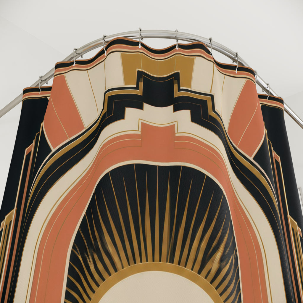 Coral and black Neo Art Deco sunburst portal with stepped arches shower curtain with close-up print, hooks, and folds