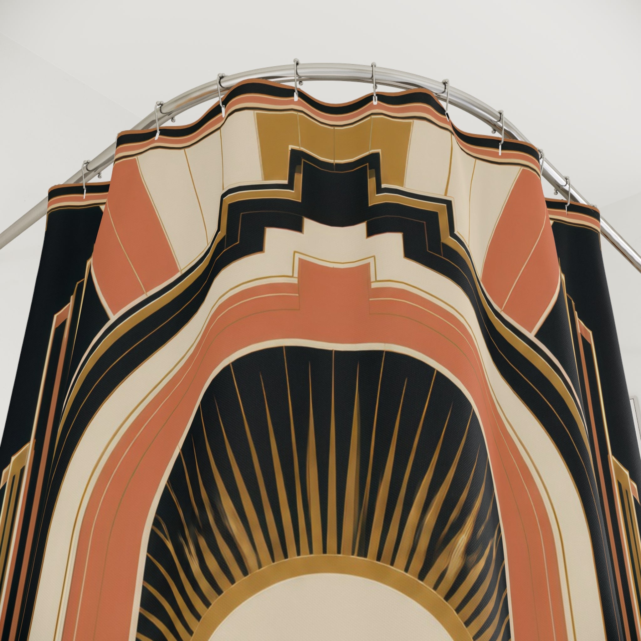 Coral and black Neo Art Deco sunburst portal with stepped arches shower curtain with close-up print, hooks, and folds