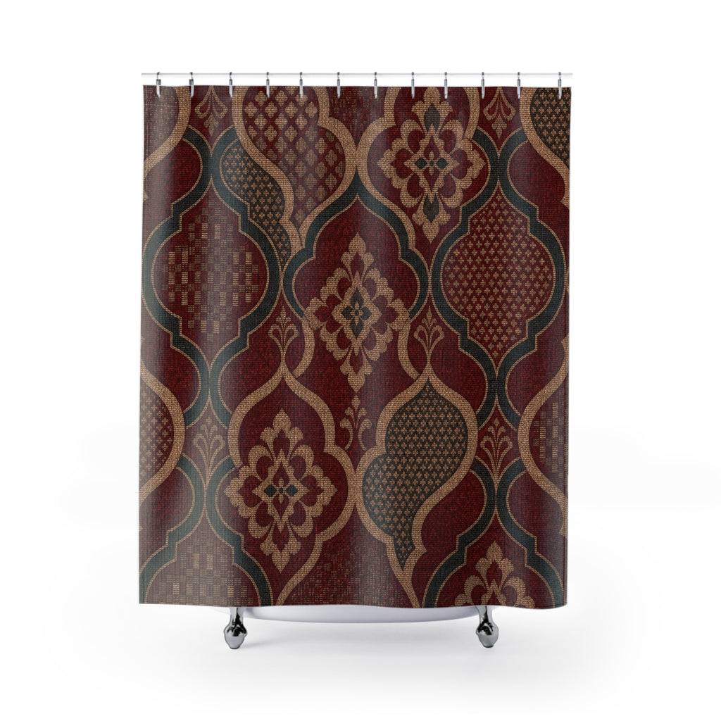 Teal Geometric Burgundy Damask Shower Curtain