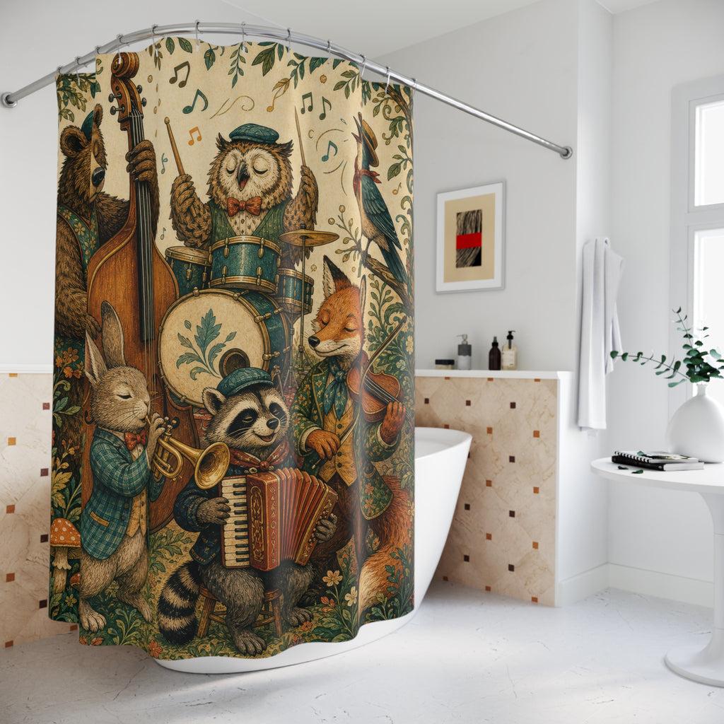 Unique Woodland Shower Curtain, Animal Band Music Art, Folk Forest Bathroom Decor, Storybook Music Wall Decor Guest Bath Gift For Home