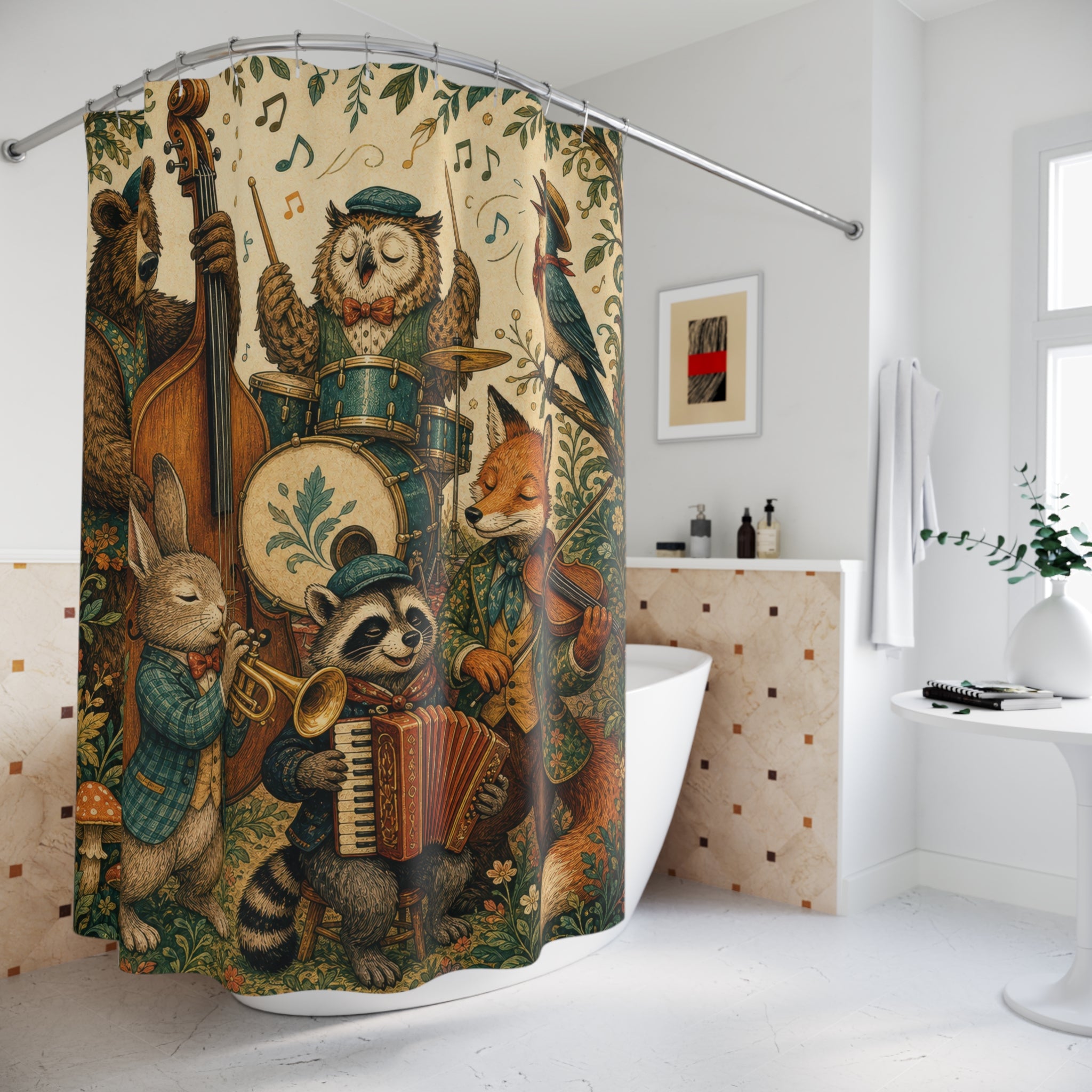 Unique Woodland Shower Curtain, Animal Band Music Art, Folk Forest Bathroom Decor, Storybook Music Wall Decor Guest Bath Gift For Home