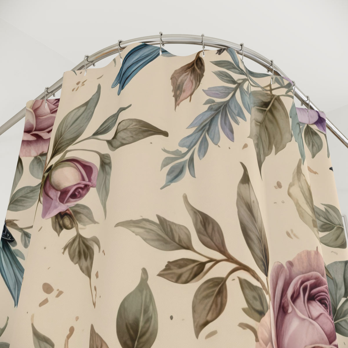 Watercolor Blue Bird and Rose shower curtain with close-up print, hooks, and folds