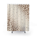 Brown and taupe fawn spots framing an ivory diagonal opening shower curtain with full front view