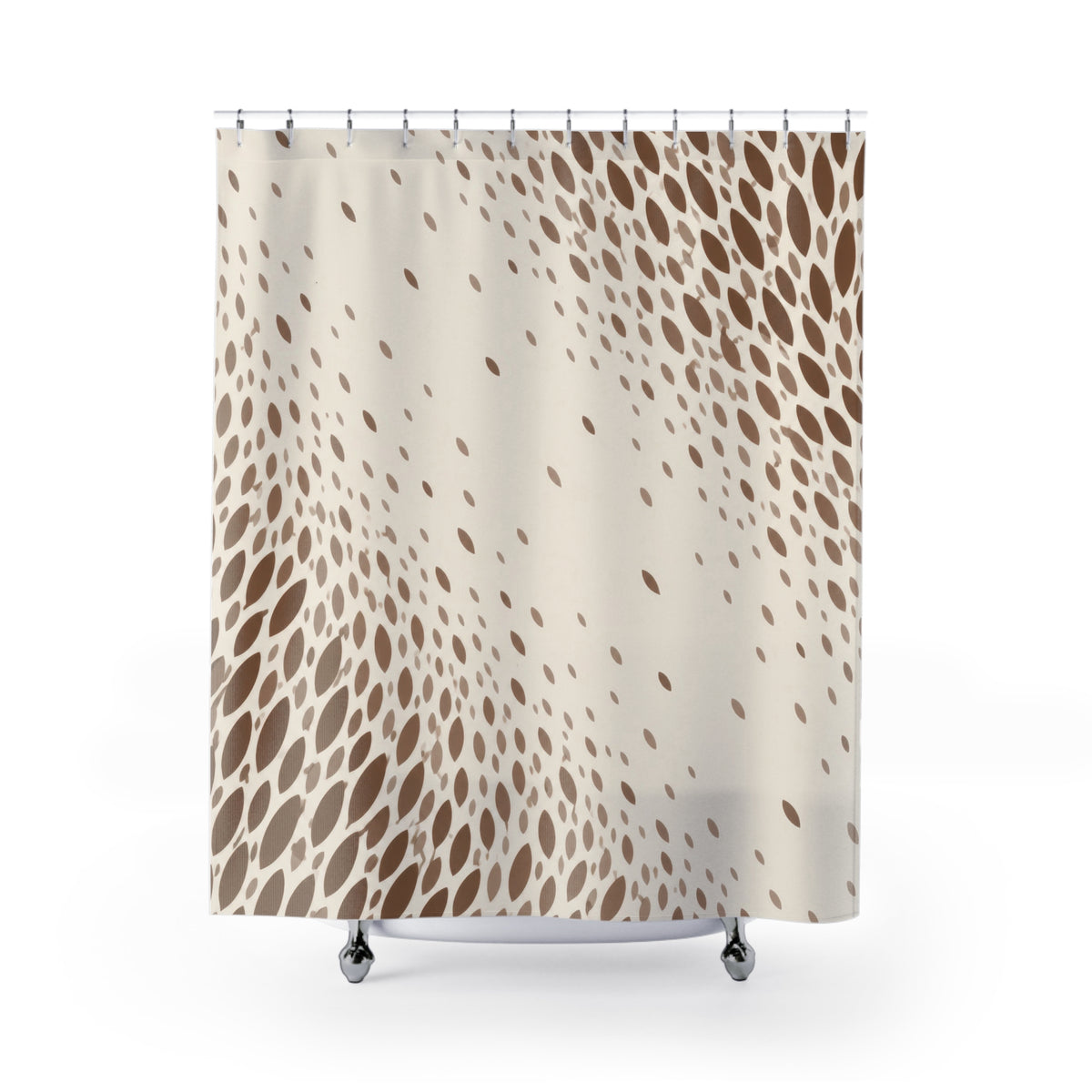 Brown and taupe fawn spots framing an ivory diagonal opening shower curtain with full front view