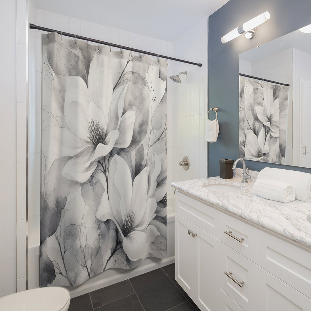 White Magnolia Grey Shower Curtain