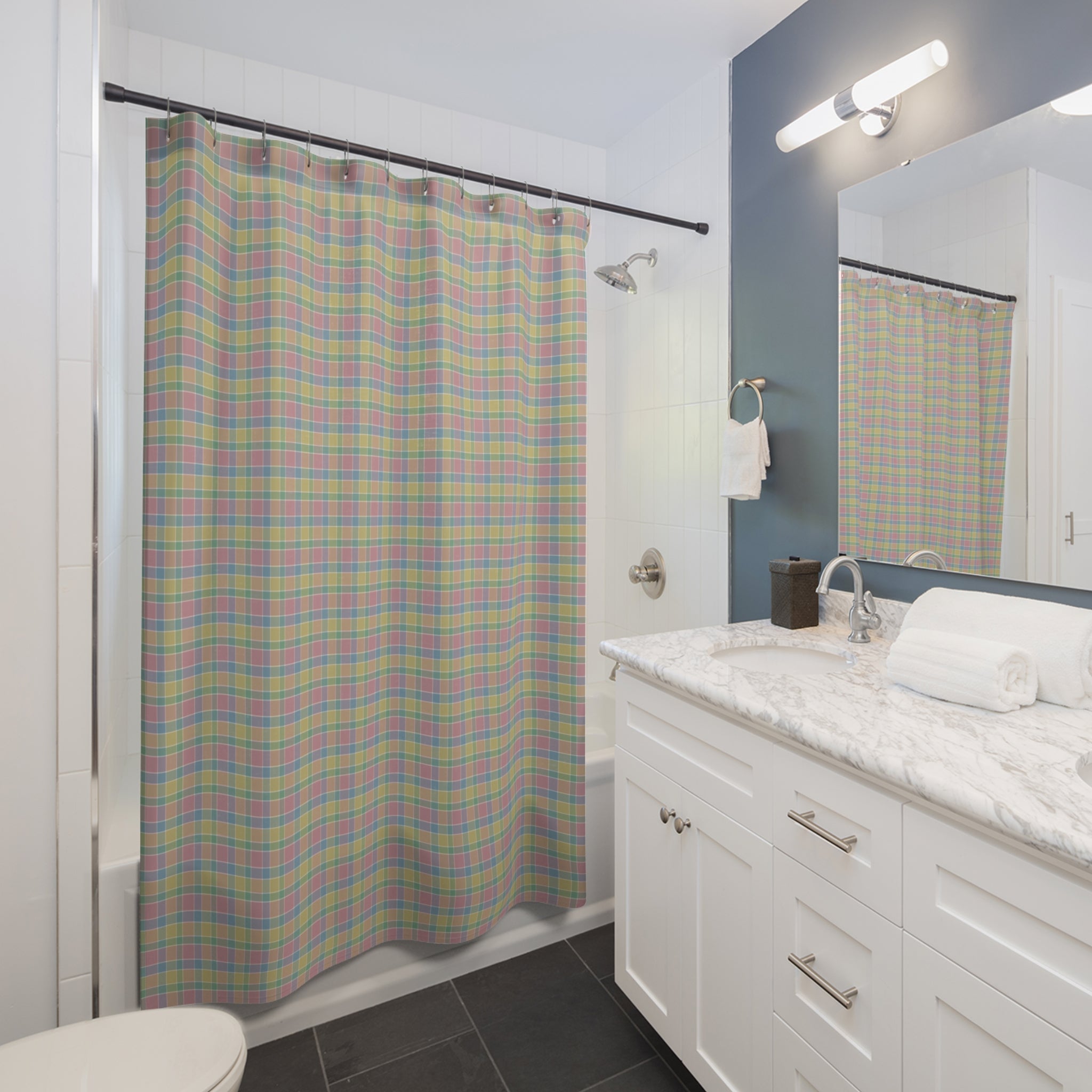 Pastel Madras Plaid Shower Curtain – Pink & Blue