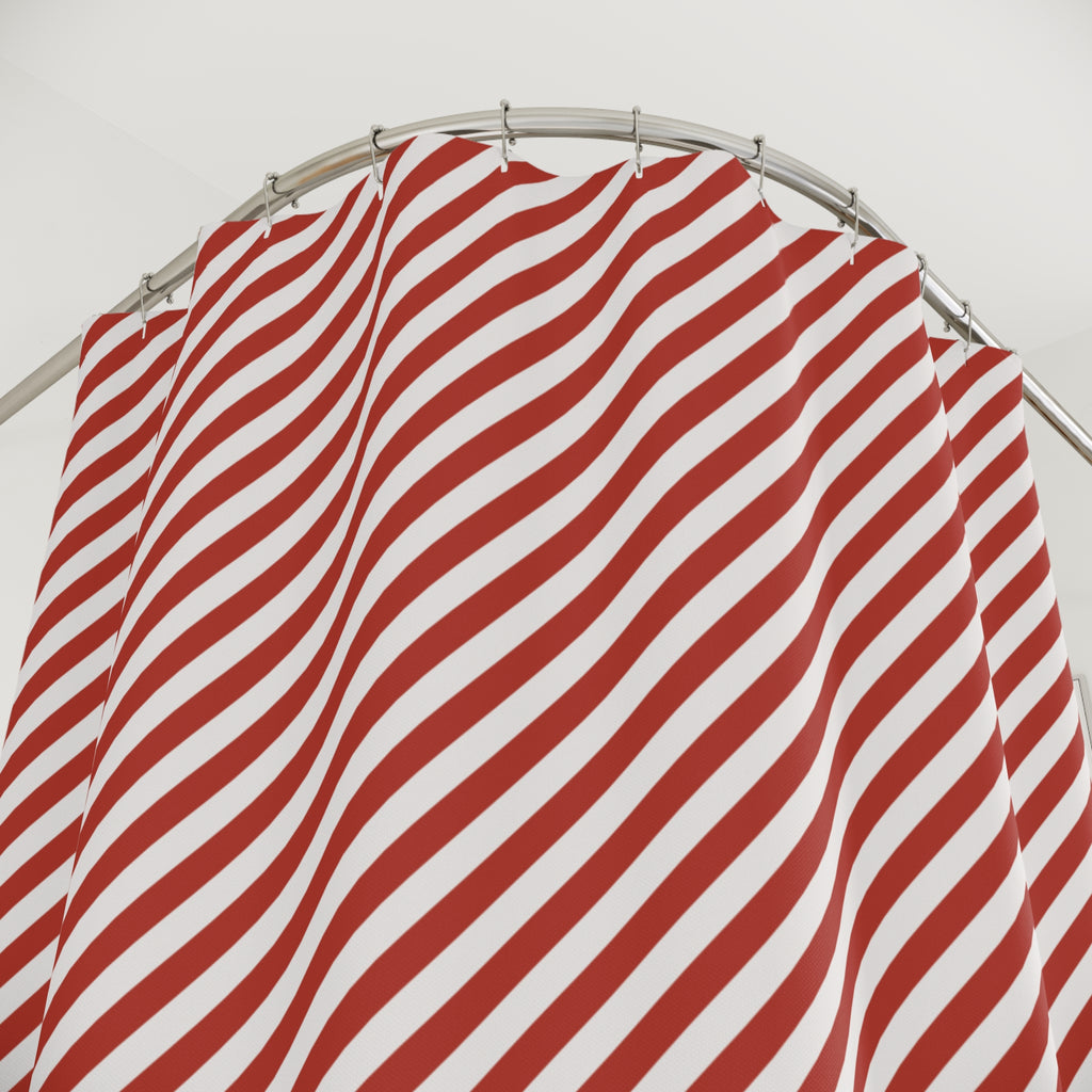Red and White Diagonal Stripe Shower Curtain, Barber Pole Angled Band Bathroom Decor, Bold Tilted Striped Bath, Retro Graphic Home