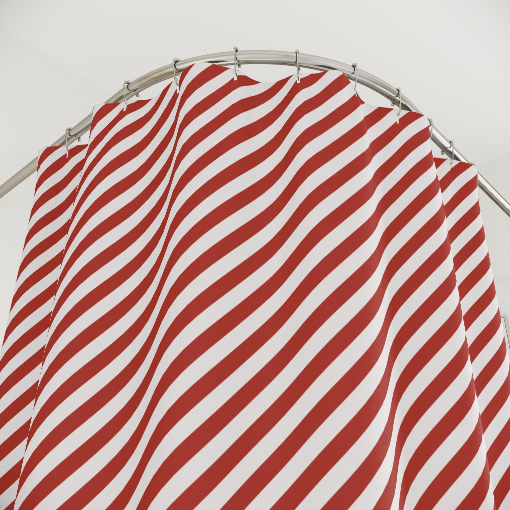Red and White Diagonal Stripe Shower Curtain, Barber Pole Angled Band Bathroom Decor, Bold Tilted Striped Bath, Retro Graphic Home