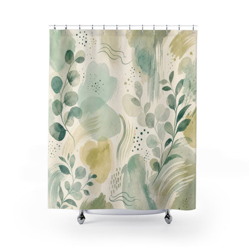 Abstract Botanical Green shower curtain with full front view