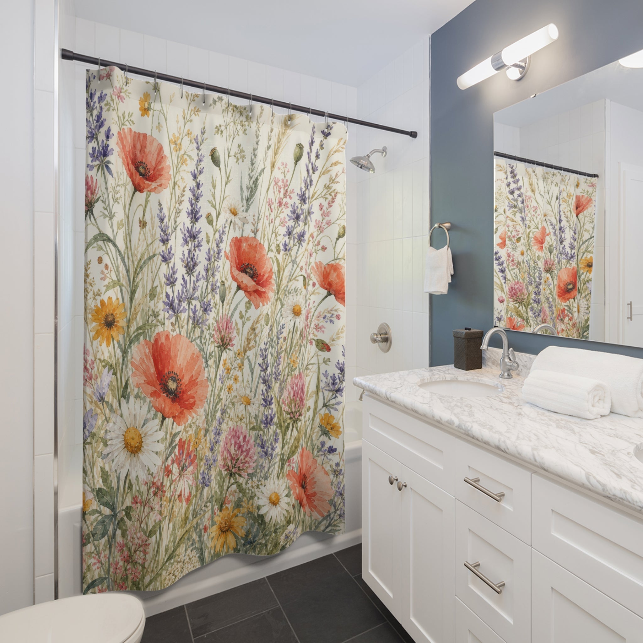 Orange Lavender Wildflower Watercolor Shower Curtain